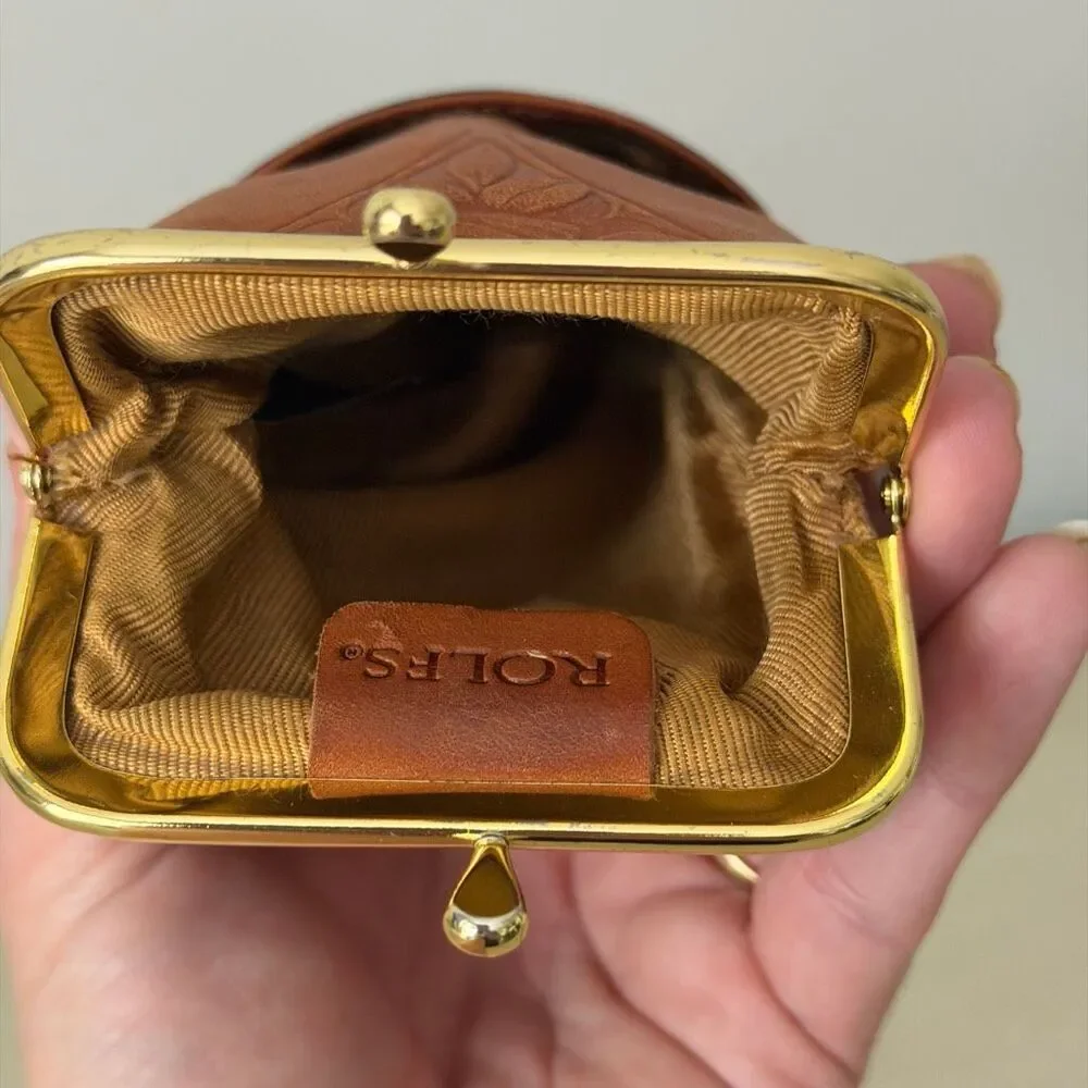 Vintage Rolfs Genuine Leather Cigarette Case Coin Purse Kiss Lock Brown Floral